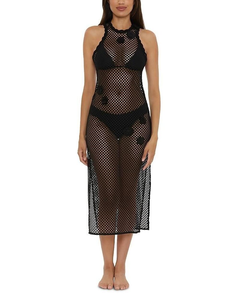 Becca Women's Castaway Island Fishnet Flower-Applique Cover-up Dress - Black